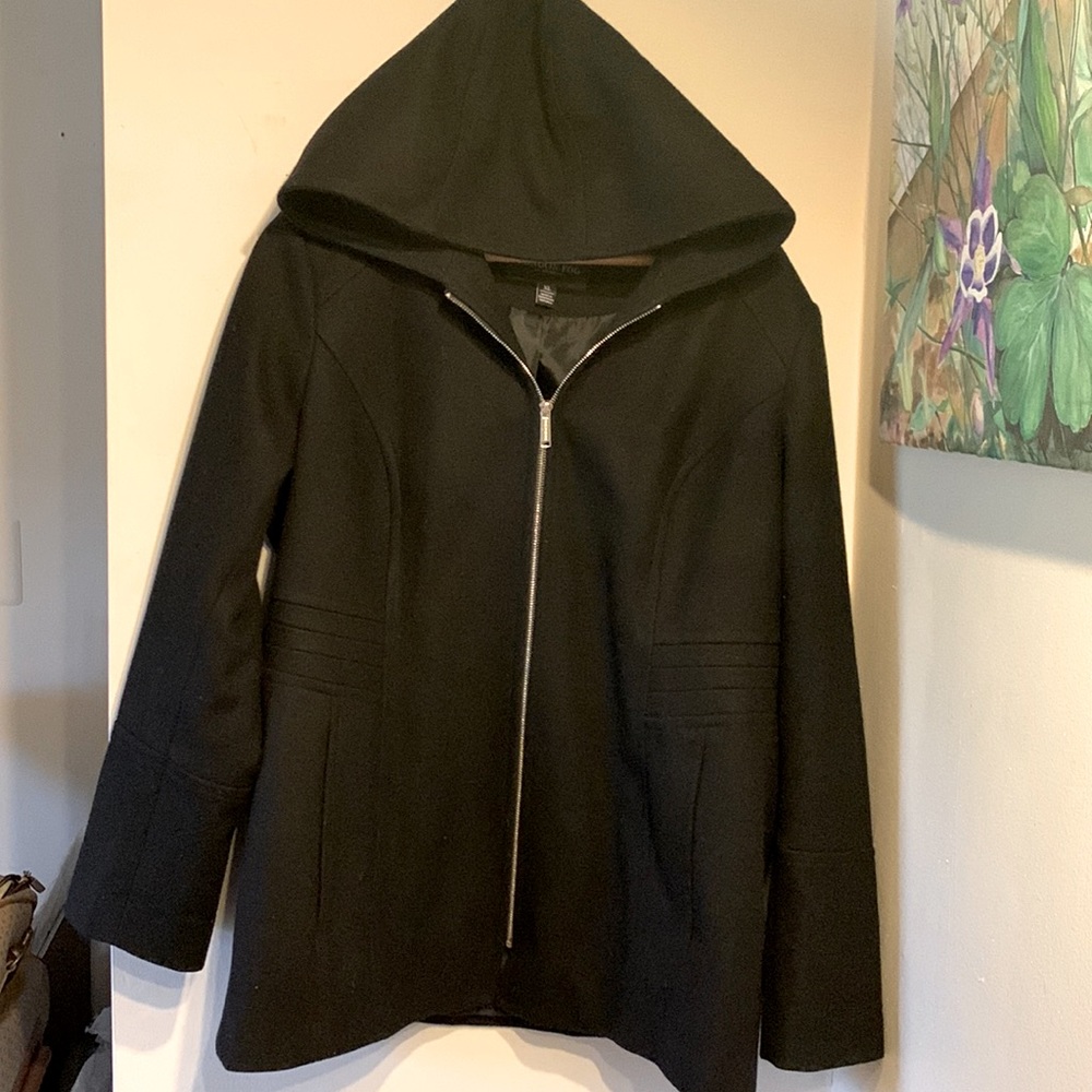 London Fog hooded zip up wool black coat size XL